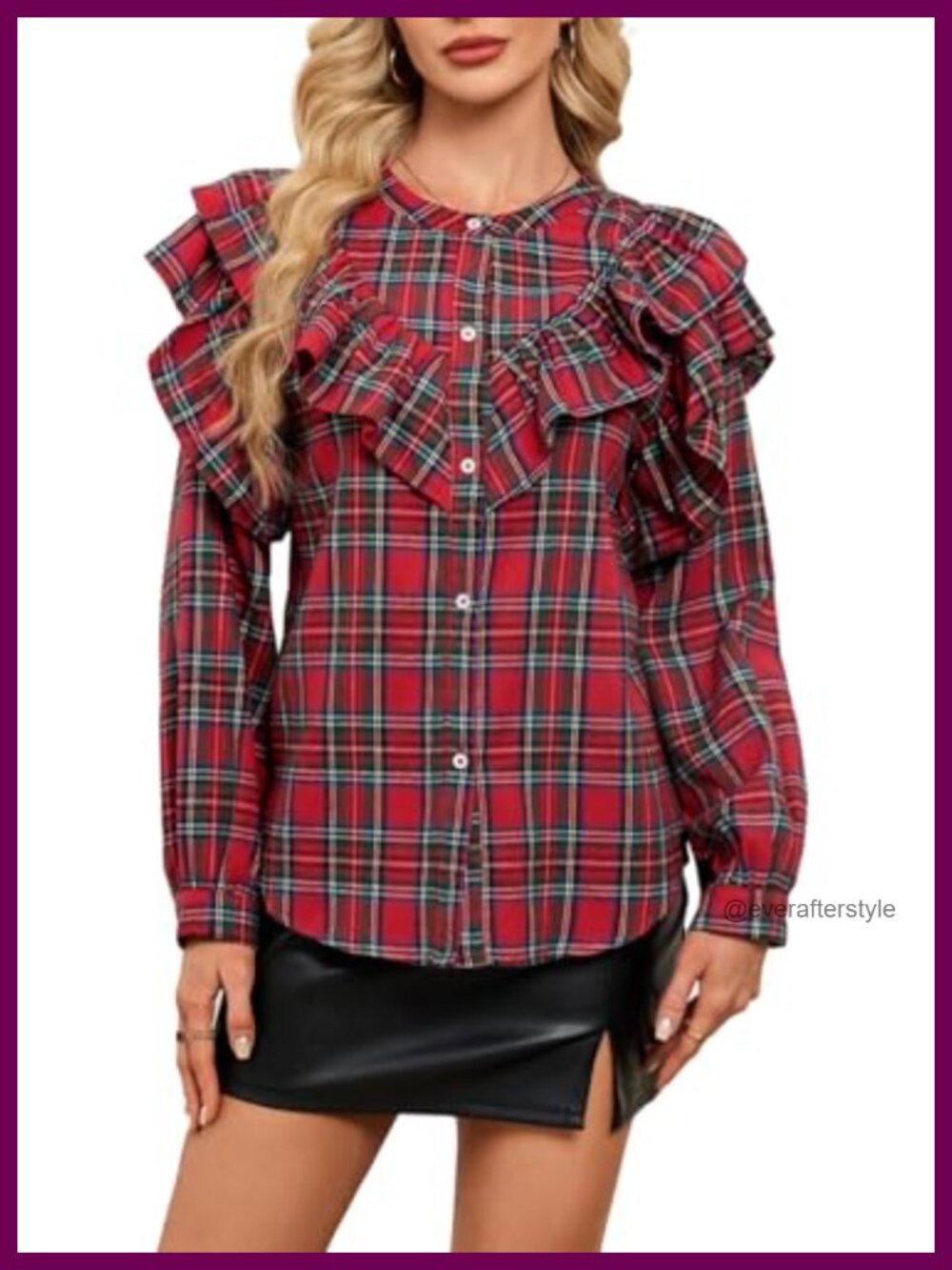 Plaid Ruffle Blouse Long Sleeve Button Down Shirt Casual Holiday Tartan Top